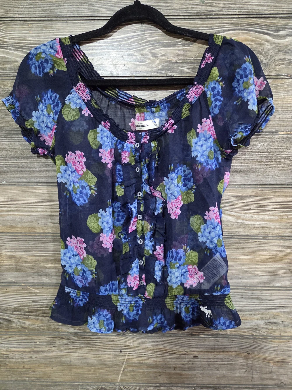 Abercrombie & Fitch Women's Medium Navy Floral Sheer Ruffle Peplum Blouse